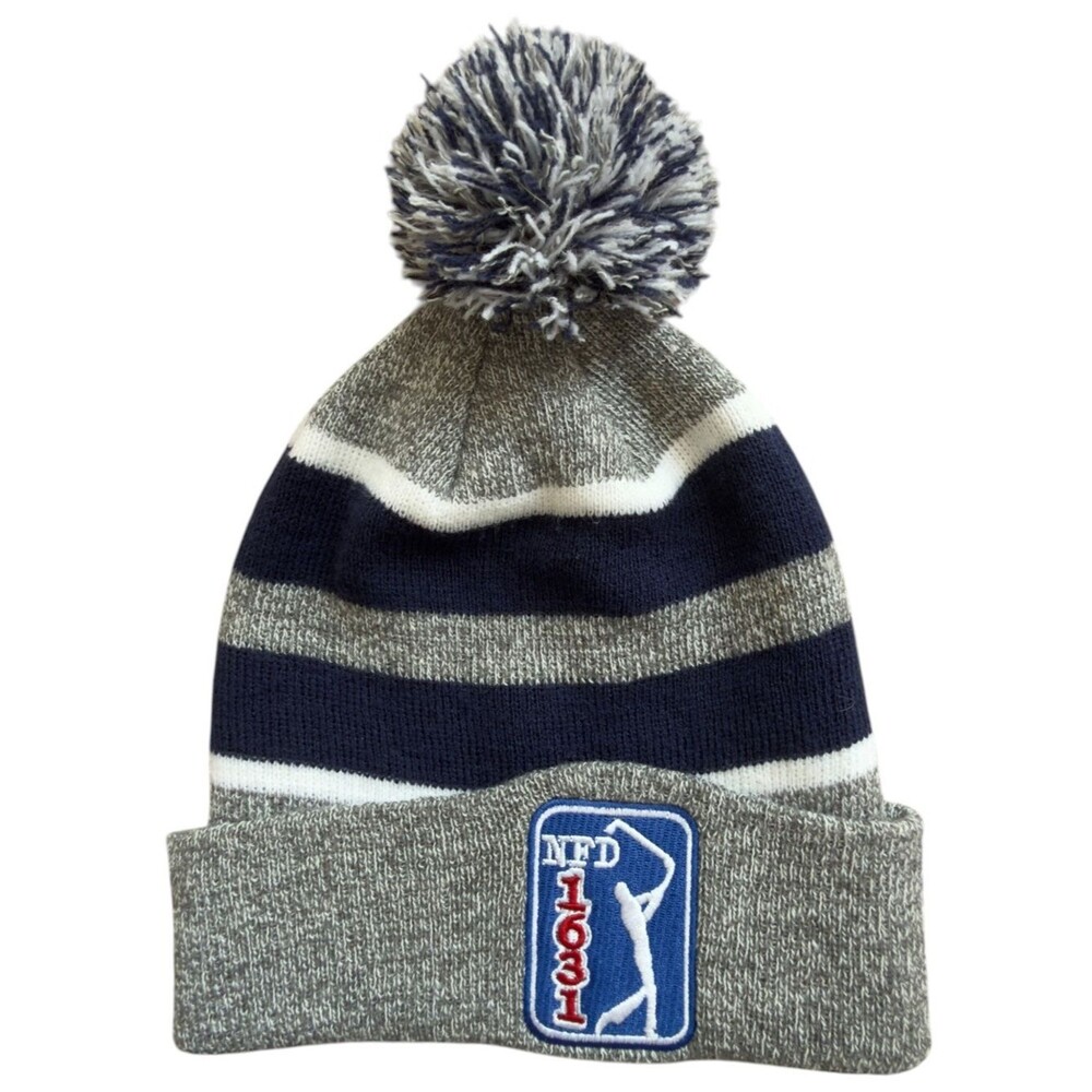 Pacific Headwear Gray Navy Blue Pom Pom NFD 1632 Golf Embroidered Winter Hat. OS